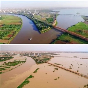 Blick auf den Nil in Khartum vor und während des verheerenden Hochwassers.