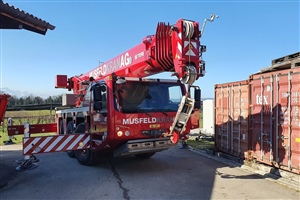 23. März: Für das Abholen des Containers im «Güetli» werden ein Pneukran und ein LKW benötigt.